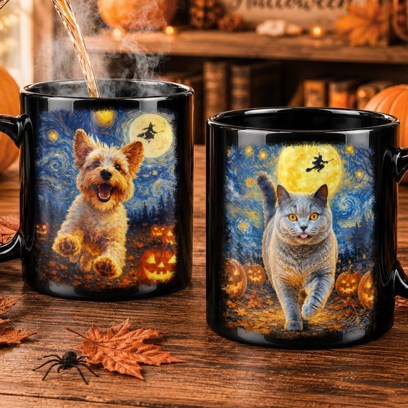 Custom Photo Starry Night Black Mug - Personalized Halloween Birthday Gifts For Dog Cat Lovers, Dog Dad And Mom, Cat Owners - Paws And Moonlight