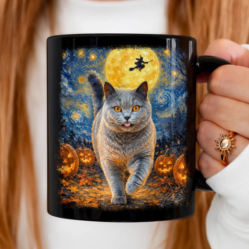 Custom Photo Starry Night Black Mug - Personalized Halloween Birthday Gifts For Dog Cat Lovers, Dog Dad And Mom, Cat Owners - Paws And Moonlight