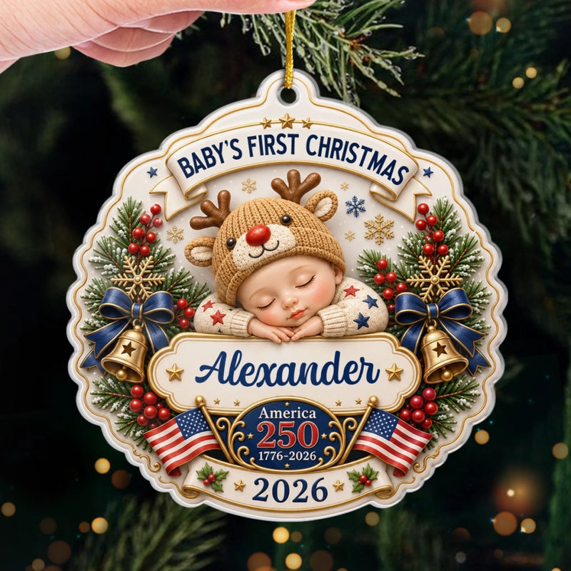 Custom First Christmas Acrylic Ornament - Personalized America 250th Anniversary Christmas Gifts For New Moms, New Dads, New Parents - Our Newest Little Patriot