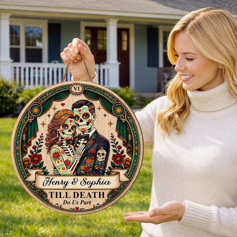 Custom Photo Day Of The Dead Wood Sign - Personalized Anniversary Wedding Gifts For Husband And Wife, Him And Her - Love Never Dies