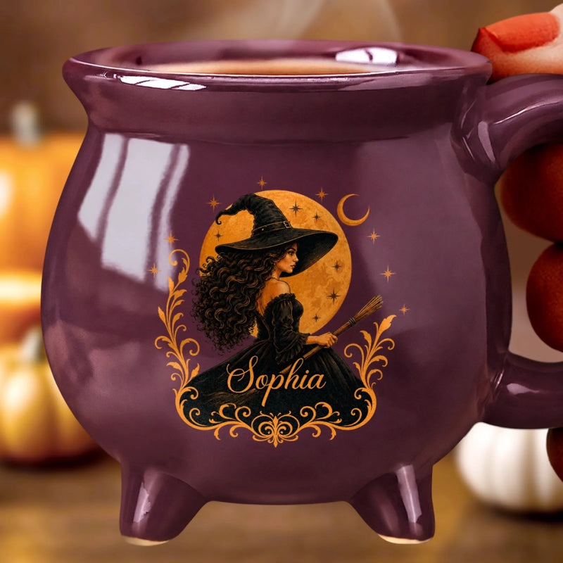Custom Witchy Cauldron Coffee Mug - Personalized Halloween Gifts For Witch, Wife, Daughter, Besties, Sisters, Granddaughter, Grandma, Mom, Yourself - Moonlit Witch, Golden Magic