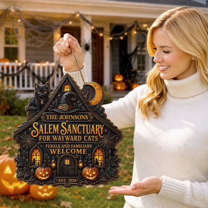 Custom Wood Sign -  Personalized Halloween Decor Birthday Gifts For Mom, Dad, Brother, Sister - Spooky Cats Welcome Here