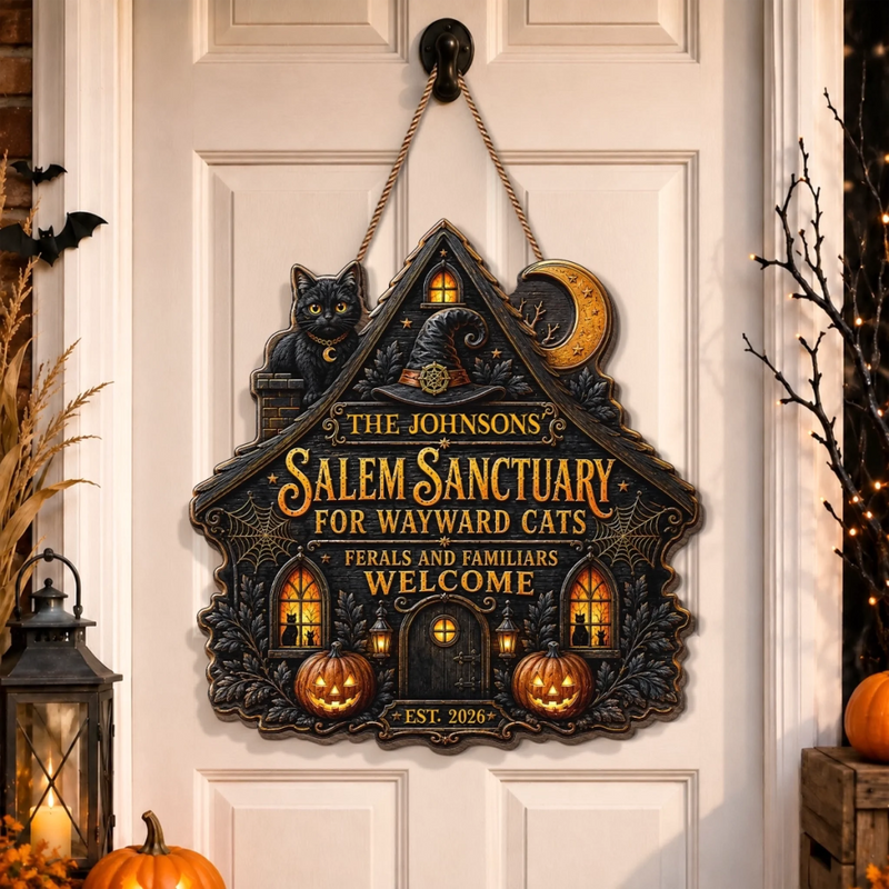 Custom Wood Sign -  Personalized Halloween Decor Birthday Gifts For Mom, Dad, Brother, Sister - Spooky Cats Welcome Here
