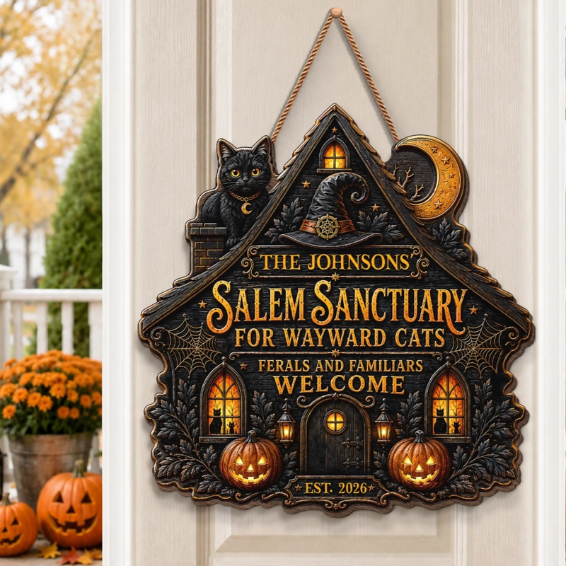 Custom Wood Sign -  Personalized Halloween Decor Birthday Gifts For Mom, Dad, Brother, Sister - Spooky Cats Welcome Here