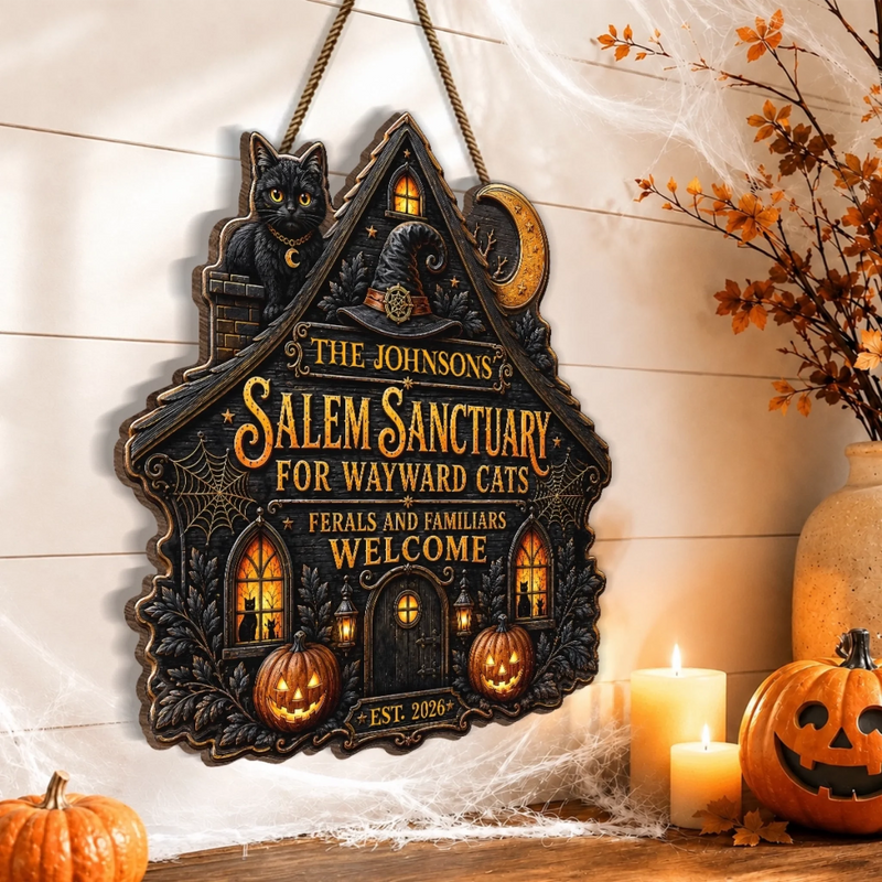 Custom Wood Sign -  Personalized Halloween Decor Birthday Gifts For Mom, Dad, Brother, Sister - Spooky Cats Welcome Here