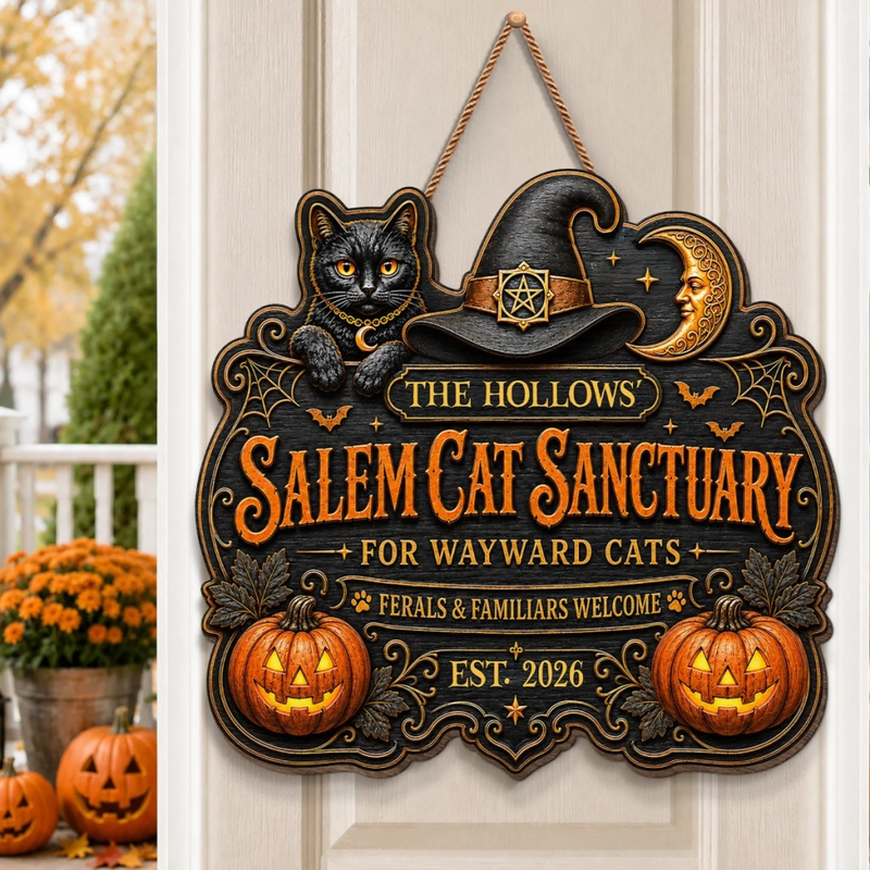 Custom Wood Sign -  Personalized Halloween Decor Birthday Gifts For Mom, Dad, Brother, Sister, Kids - Salem Cat Sanctuary Vibes