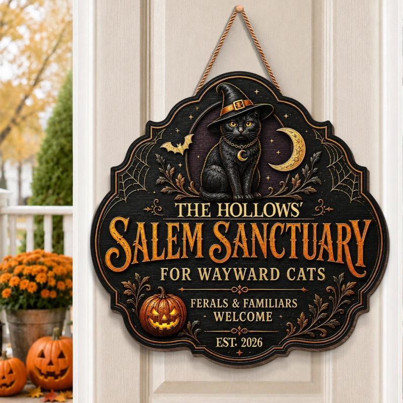 Custom Wood Sign -  Personalized Halloween Decor Birthday Gifts For Mom, Dad, Brother, Sister, Kids - Spooky Season Feline Love