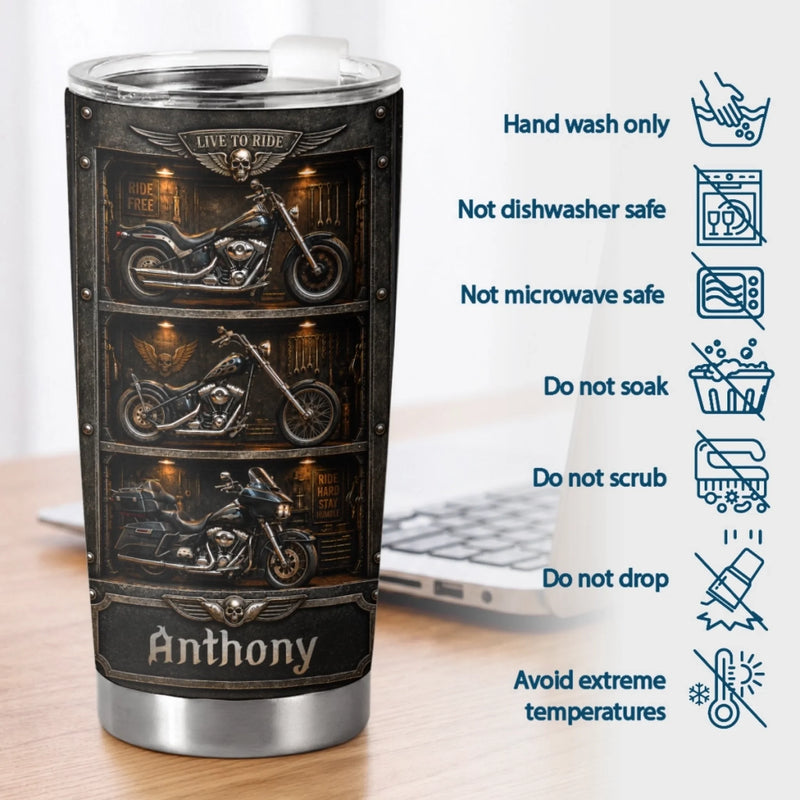 Custom Biker Tumbler - Personalized Birthday Gifts For Husband, Son, Grandson, Brother, Grandpa, Dad, Yourself - Live To Ride Ride To Live