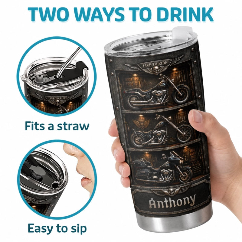 Custom Biker Tumbler - Personalized Birthday Gifts For Husband, Son, Grandson, Brother, Grandpa, Dad, Yourself - Live To Ride Ride To Live