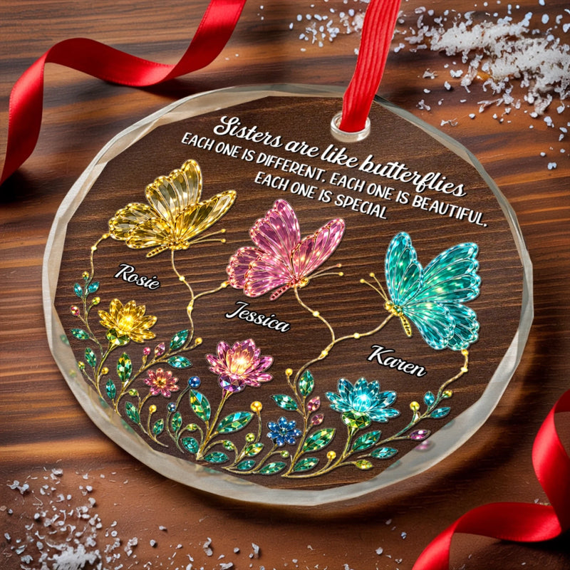 Custom Circle Glass Ornament - Personalized Best Friend Christmas Birthday Gifts For Women, Besties, Sisters, BFF - Different Wings, Same Heart