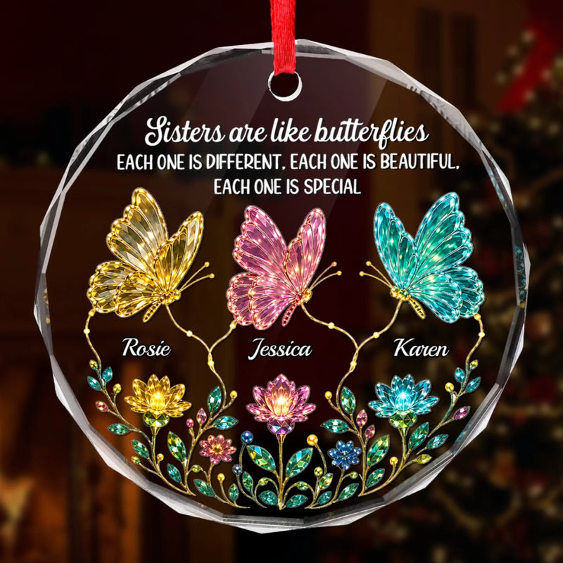 Custom Circle Glass Ornament - Personalized Best Friend Christmas Birthday Gifts For Women, Besties, Sisters, BFF - Different Wings, Same Heart