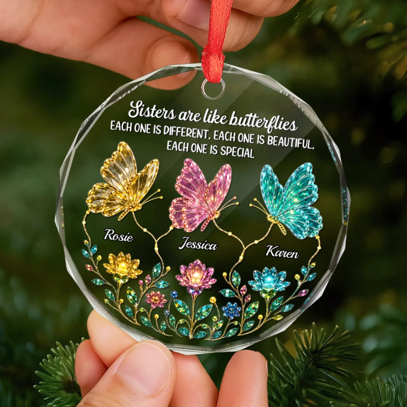 Custom Circle Glass Ornament - Personalized Best Friend Christmas Birthday Gifts For Women, Besties, Sisters, BFF - Different Wings, Same Heart