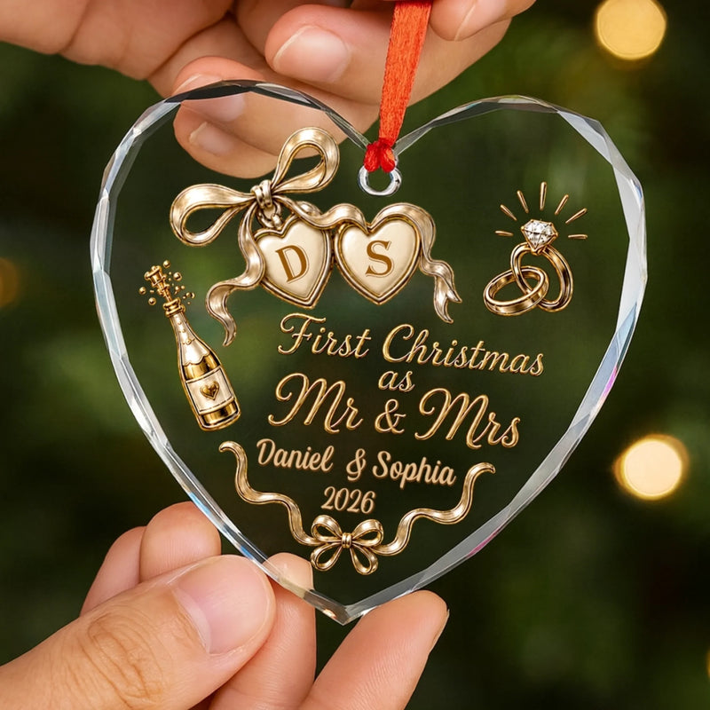 Custom First Christmas Heart Glass Ornament - Personalized Anniversary Christmas Wedding Gifts For Husband And Wife, Him And Her - The Start Of Forever