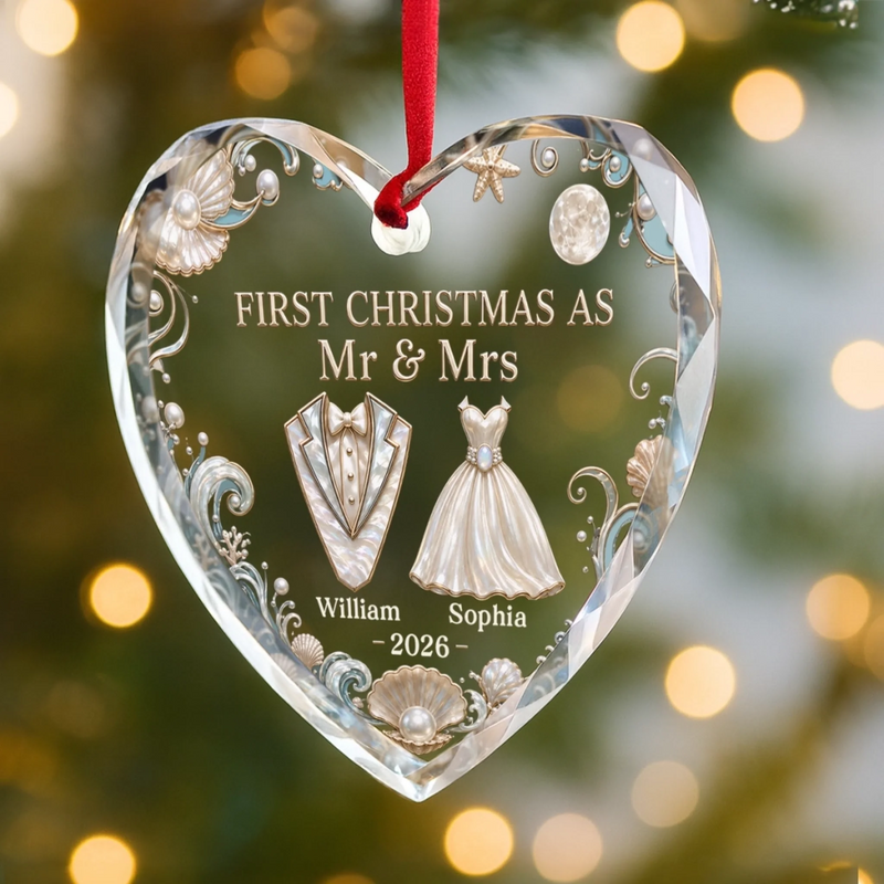 Custom First Christmas Heart Glass Ornament - Personalized Anniversary Christmas Wedding Gifts For Husband And Wife, Him And Her - Ocean Pearl, Eternal Love