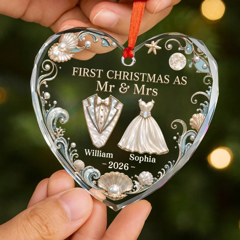 Custom First Christmas Heart Glass Ornament - Personalized Anniversary Christmas Wedding Gifts For Husband And Wife, Him And Her - Ocean Pearl, Eternal Love