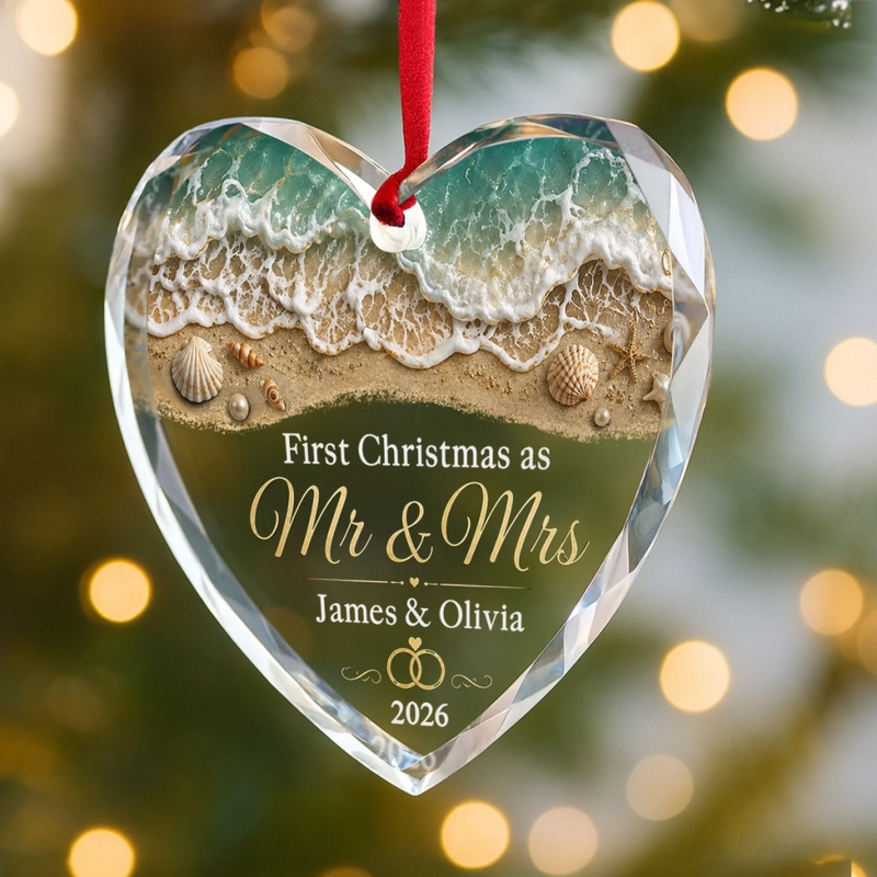 Custom First Christmas Heart Glass Ornament - Personalized Anniversary Christmas Wedding Gifts For Husband And Wife, Him And Her - Cheers To Ocean Love