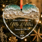 Custom First Christmas Heart Glass Ornament - Personalized Anniversary Christmas Wedding Gifts For Husband And Wife, Him And Her - Cheers To Ocean Love