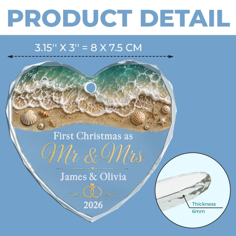Custom First Christmas Heart Glass Ornament - Personalized Anniversary Christmas Wedding Gifts For Husband And Wife, Him And Her - Cheers To Ocean Love