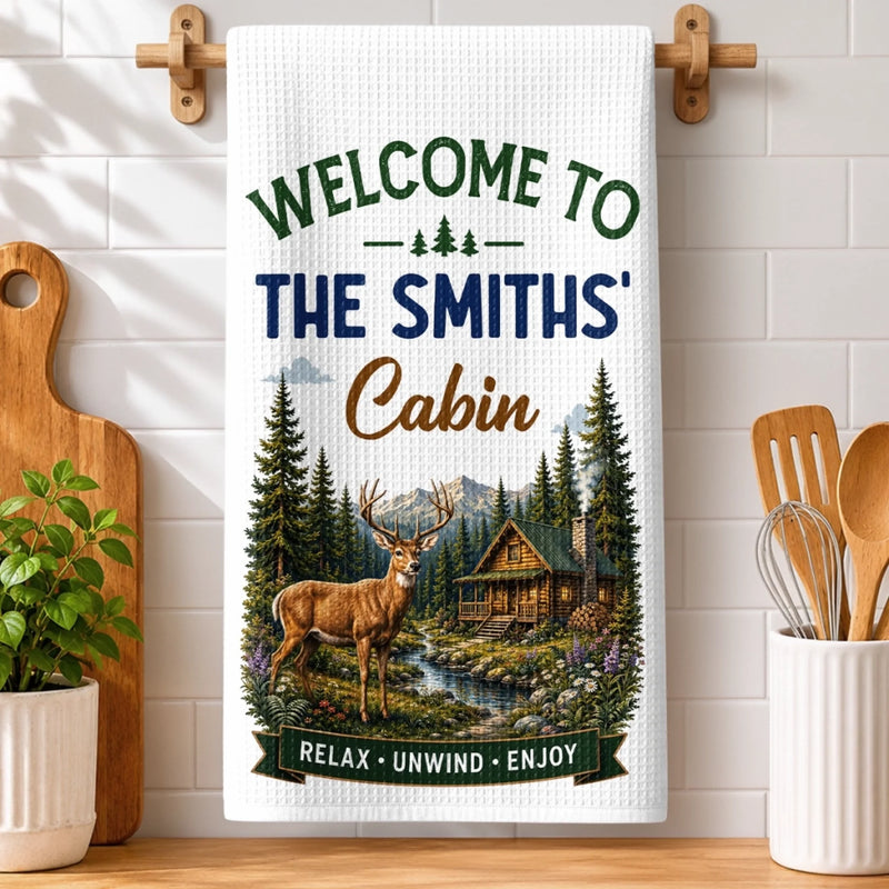 Custom Cabin Kitchen Towel - Personalized Summer Vacation And Travel Gifts For Mom, Dad, Brother, Sister - Home Is Where The Forest Is