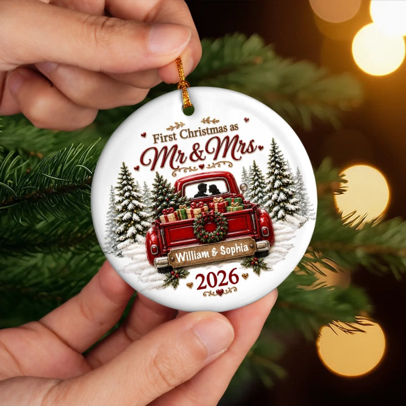 Custom First Christmas Ceramic Ornament - Personalized Anniversary Christmas Wedding Gifts For Husband And Wife, Him And Her - Driving Into Forever Together