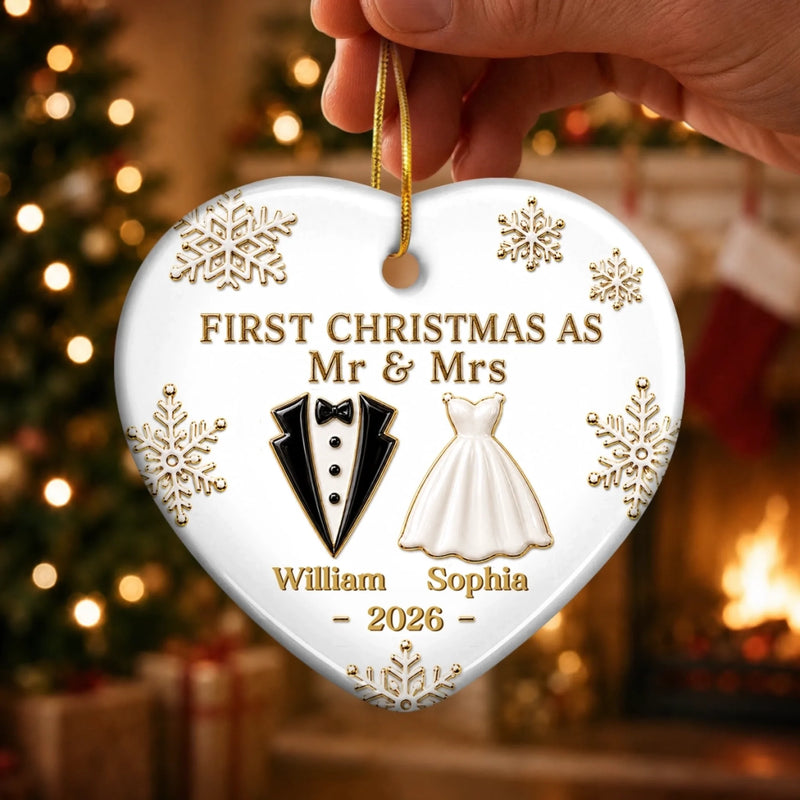 Custom First Christmas Ceramic Ornament - Personalized Anniversary Christmas Wedding Gifts For Husband And Wife, Him And Her - Married And Merry Together Always