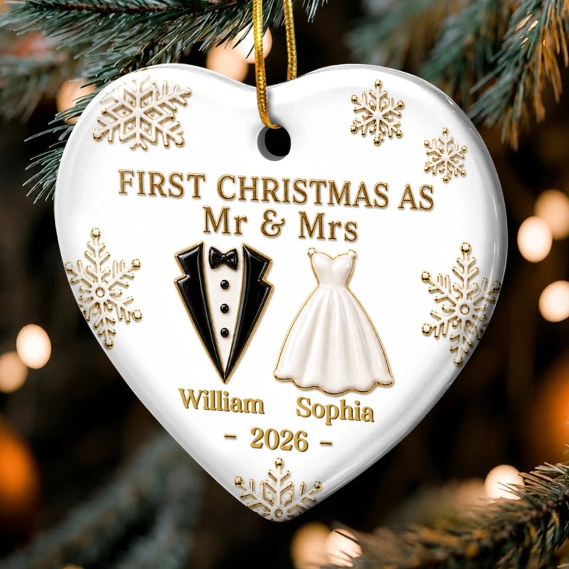 Custom First Christmas Ceramic Ornament - Personalized Anniversary Christmas Wedding Gifts For Husband And Wife, Him And Her - Married And Merry Together Always