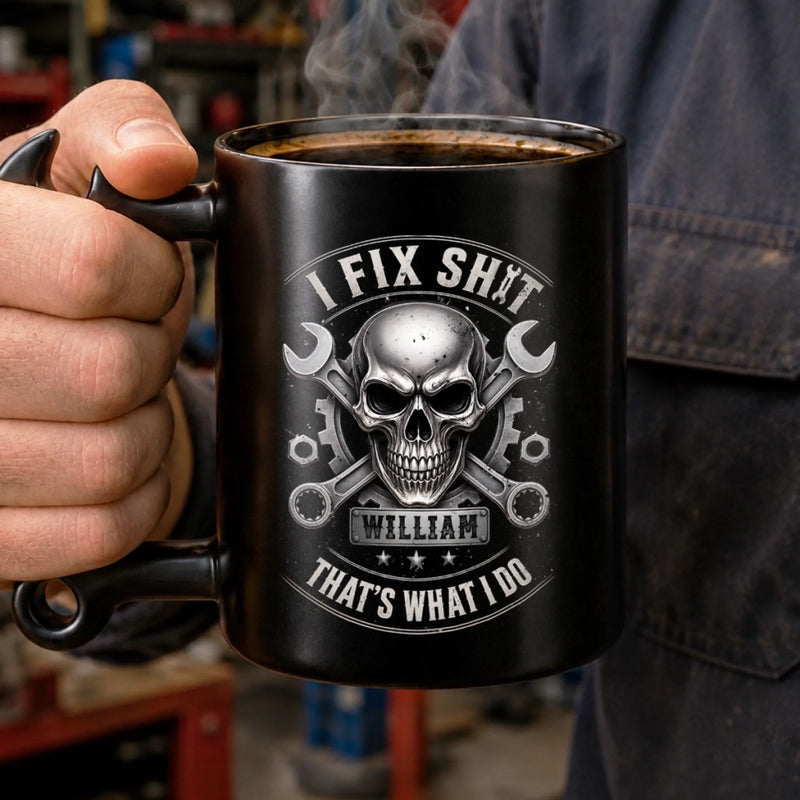 Custom Coffee Mug With Wrench Handle - Personalized Birthday Gifts For Husband, Son, Grandson, Brother, Grandpa, Dad, Yourself - If It's Broken I Fix It