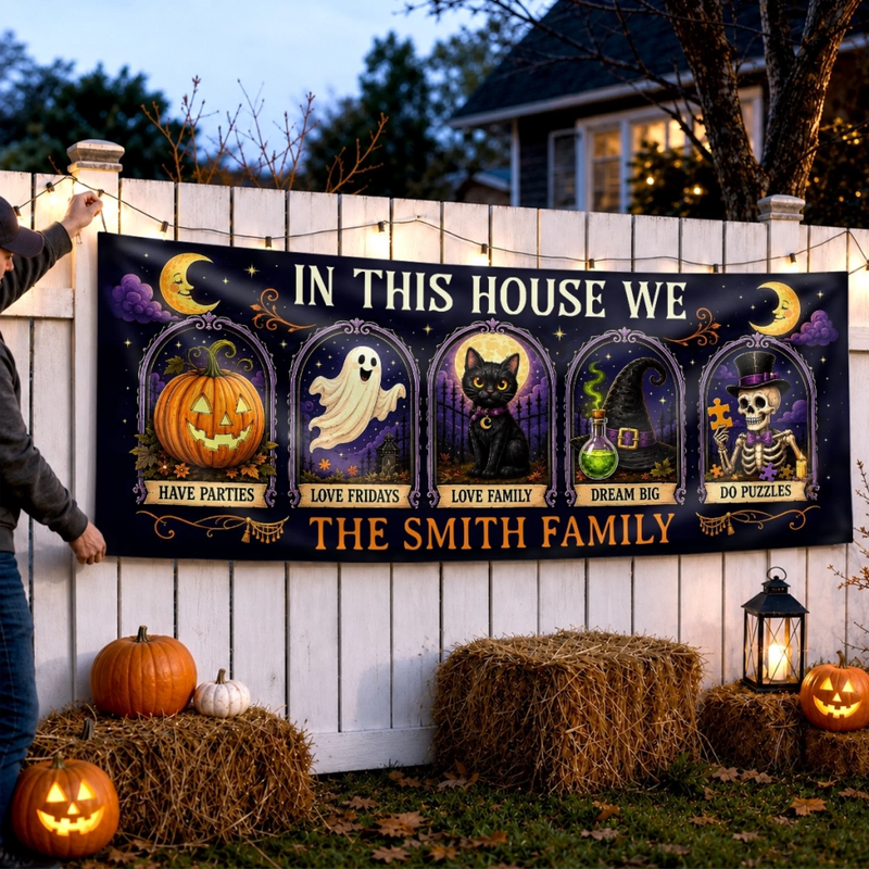 Custom Banner - Personalized Halloween Decor Gifts For Mom, Dad, Brother, Sister - In This Spooky Home We Love