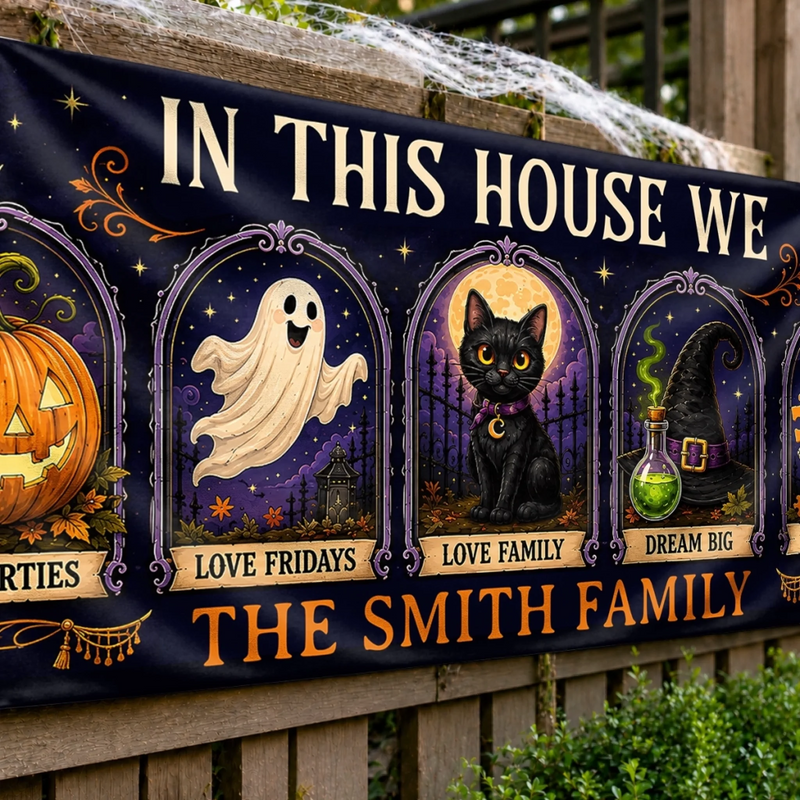 Custom Banner - Personalized Halloween Decor Gifts For Mom, Dad, Brother, Sister - In This Spooky Home We Love