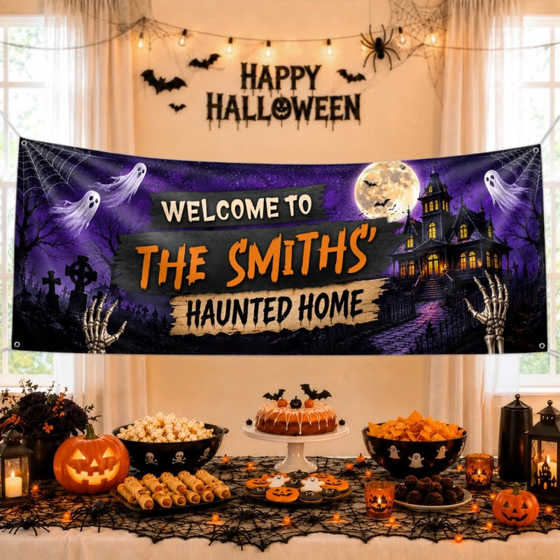 Custom Haunted Home Banner - Personalized Halloween Decor Gifts For Mom, Dad, Brother, Sister - Ghosts And Spirits Welcome Here