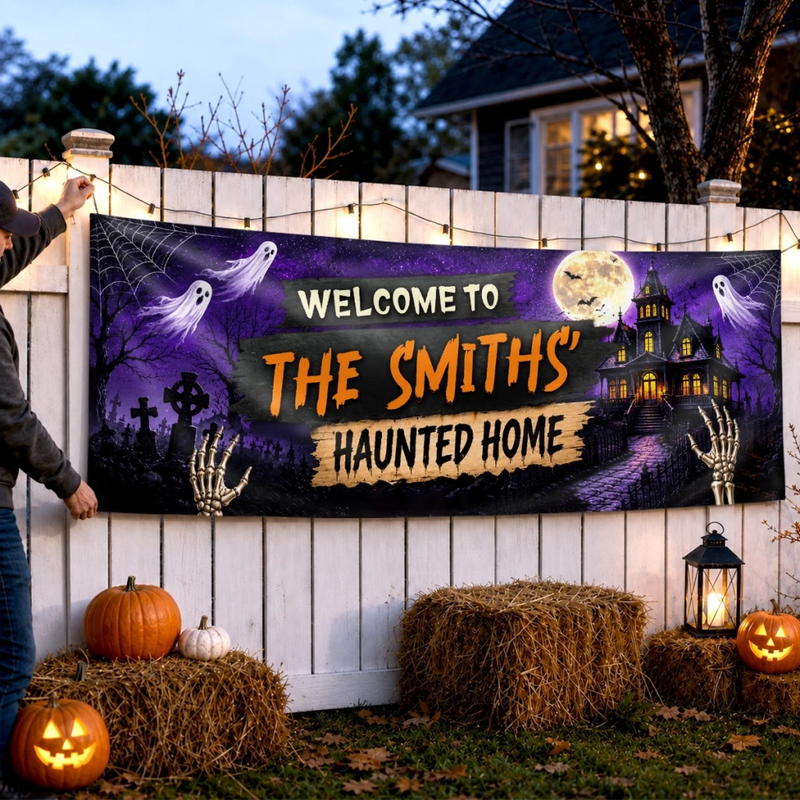Custom Haunted Home Banner - Personalized Halloween Decor Gifts For Mom, Dad, Brother, Sister - Ghosts And Spirits Welcome Here