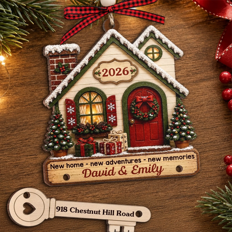 Custom New Home Wooden Ornament With Tag - Personalized Anniversary Christmas Wedding Gifts For Husband And Wife, Him And Her - Key To New Beginnings