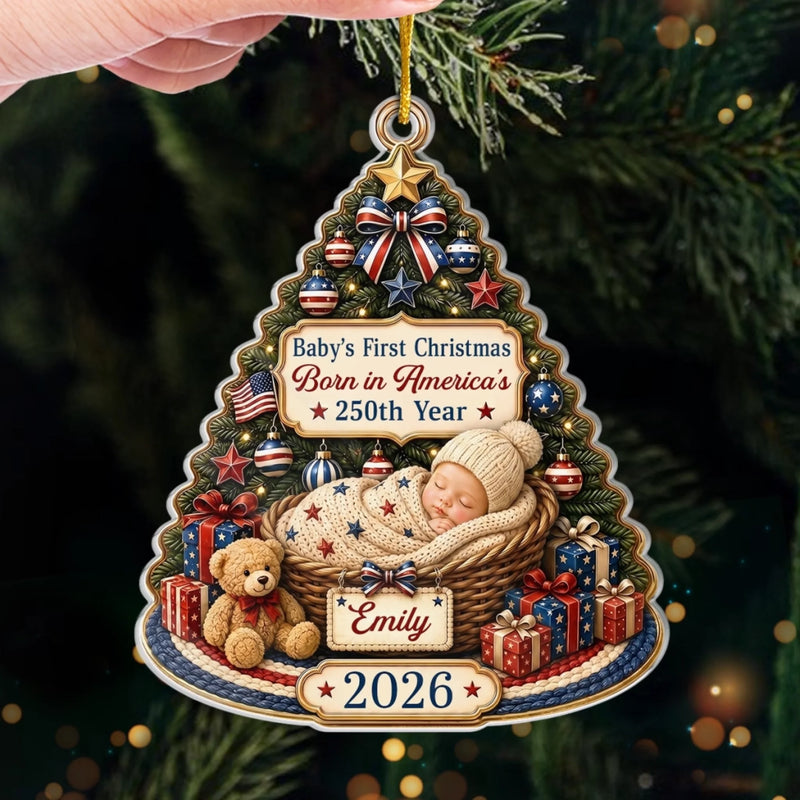 Custom First Christmas Acrylic Ornament - Personalized America 250th Anniversary Christmas Gifts For New Moms, New Dads, New Parents - Our Patriotic Little Miracle Baby