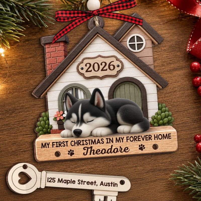 Custom First Christmas Wooden Ornament With Tag - Personalized Christmas Birthday Gifts For Dog Cat Lovers, Dog Dad And Mom, Cat Owners - Curled Up In Love