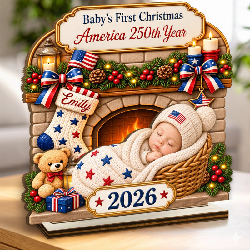 Custom First Christmas 2-Layered Wooden Plaque - Personalized America 250th Anniversary Christmas Gifts For New Moms, New Dads, New Parents - Little Star Of Our Hearts