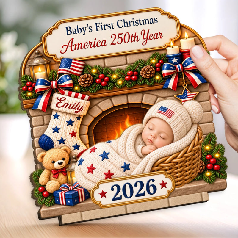 Custom First Christmas 2-Layered Wooden Plaque - Personalized America 250th Anniversary Christmas Gifts For New Moms, New Dads, New Parents - Little Star Of Our Hearts