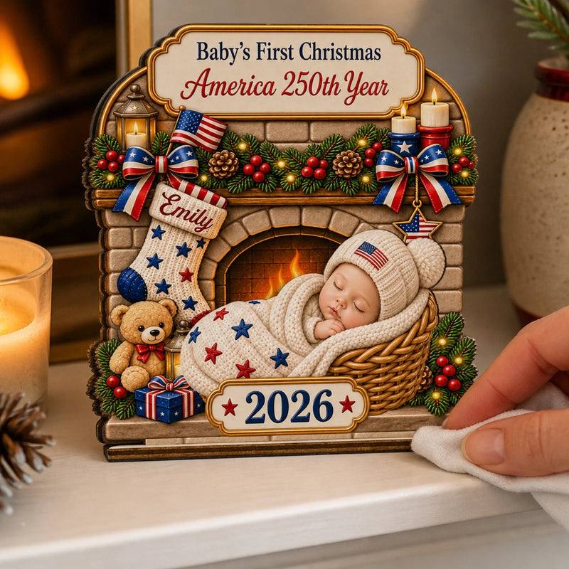 Custom First Christmas 2-Layered Wooden Plaque - Personalized America 250th Anniversary Christmas Gifts For New Moms, New Dads, New Parents - Little Star Of Our Hearts