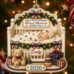 Custom First Christmas Acrylic Ornament - Personalized America 250th Anniversary Christmas Gifts For New Moms, New Dads, New Parents - Wrapped In Love And Freedom