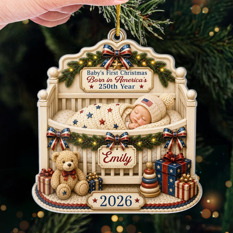 Custom First Christmas Acrylic Ornament - Personalized America 250th Anniversary Christmas Gifts For New Moms, New Dads, New Parents - Wrapped In Love And Freedom