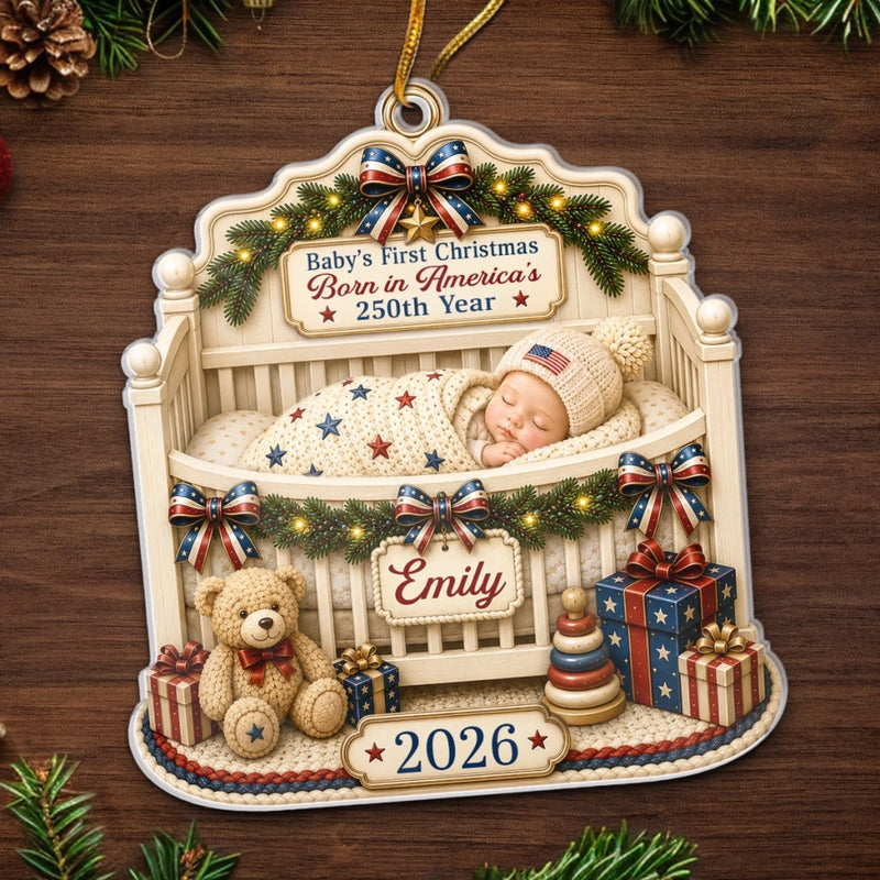 Custom First Christmas Acrylic Ornament - Personalized America 250th Anniversary Christmas Gifts For New Moms, New Dads, New Parents - Wrapped In Love And Freedom