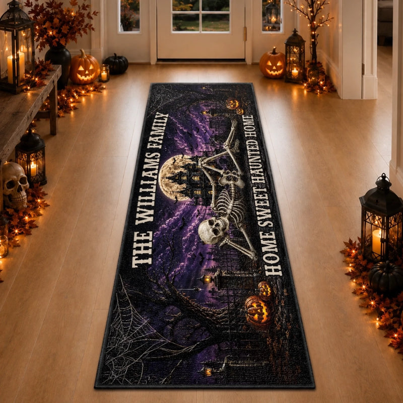 Custom Haunted Home Runner Rug - Personalized Halloween Decor Gifts For Mom, Dad, Brother, Sister - Fright Night Family Fun