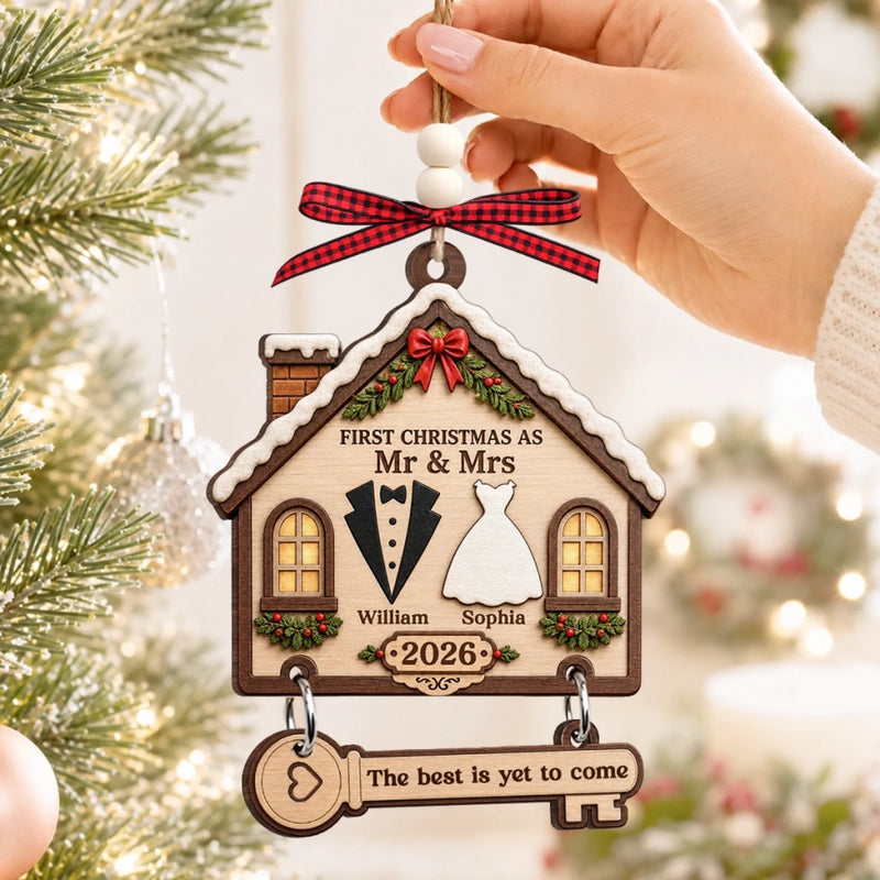 Custom First Christmas Wooden Ornament With Tag - Personalized Anniversary Christmas Wedding Gifts For Husband And Wife, Him And Her - Our Love, Our Forever