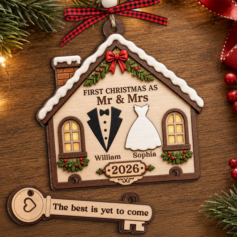 Custom First Christmas Wooden Ornament With Tag - Personalized Anniversary Christmas Wedding Gifts For Husband And Wife, Him And Her - Our Love, Our Forever
