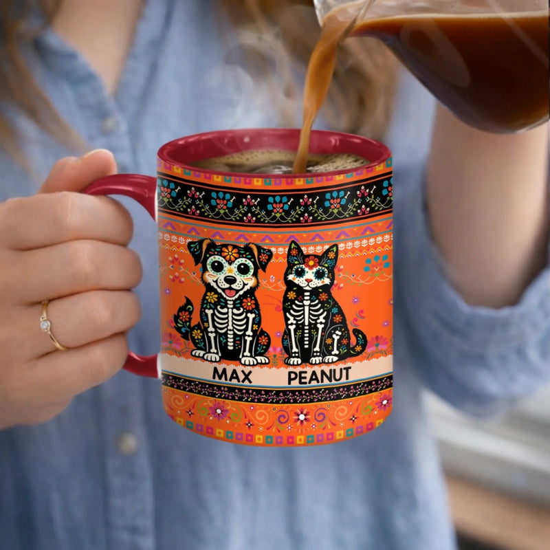 Custom Photo Day Of The Dead Accent Mug - Personalized Birthday Gifts For Dog Cat Lovers, Dog Dad And Mom, Cat Owners - Dancing With Colorful Memories Today