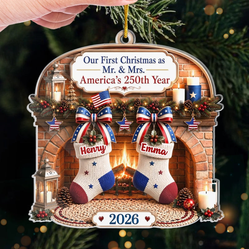 Custom First Christmas Acrylic Ornament - Personalized America 250th Anniversary Christmas Gifts For Husband And Wife, Him And Her - Celebrating Love And History Together