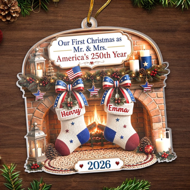 Custom First Christmas Acrylic Ornament - Personalized America 250th Anniversary Christmas Gifts For Husband And Wife, Him And Her - Celebrating Love And History Together