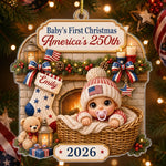 Custom First Christmas Acrylic Ornament - Personalized America 250th Anniversary Christmas Gifts For New Moms, New Dads, New Parents - Our First Holiday Memory