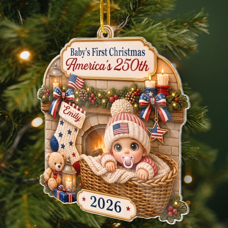 Custom First Christmas Acrylic Ornament - Personalized America 250th Anniversary Christmas Gifts For New Moms, New Dads, New Parents - Our First Holiday Memory