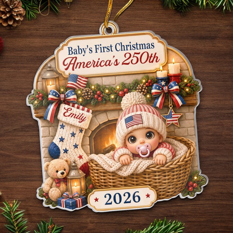Custom First Christmas Acrylic Ornament - Personalized America 250th Anniversary Christmas Gifts For New Moms, New Dads, New Parents - Our First Holiday Memory