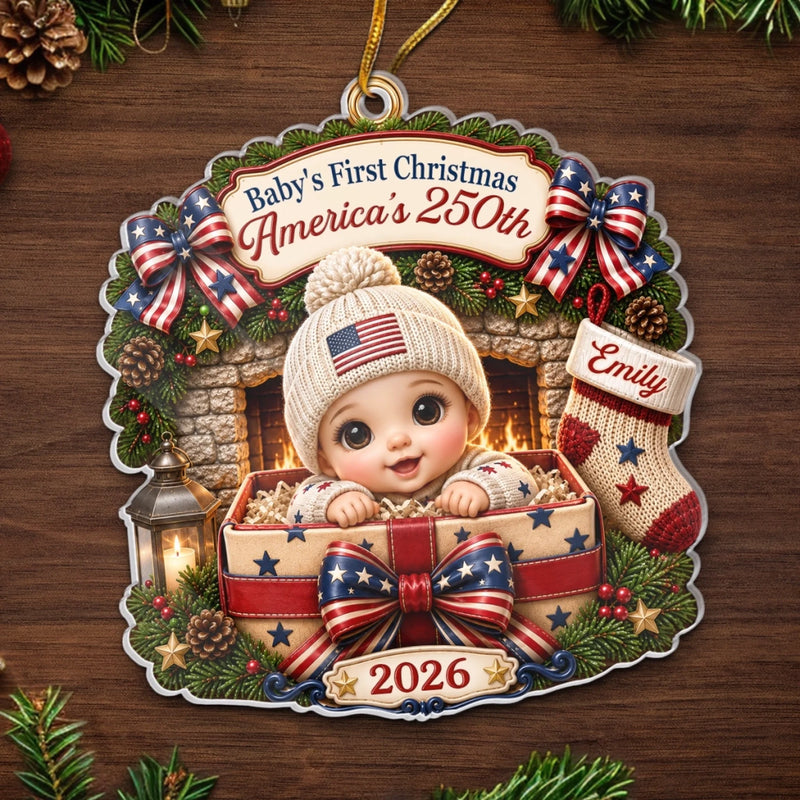 Custom First Christmas Acrylic Ornament - Personalized America 250th Anniversary Christmas Gifts For New Moms, New Dads, New Parents - A New Star Is Born